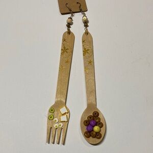 Spoon & Fork Dangle Drop Earrings Handmade Woodcrafted Beaded Unique NWOT (e)